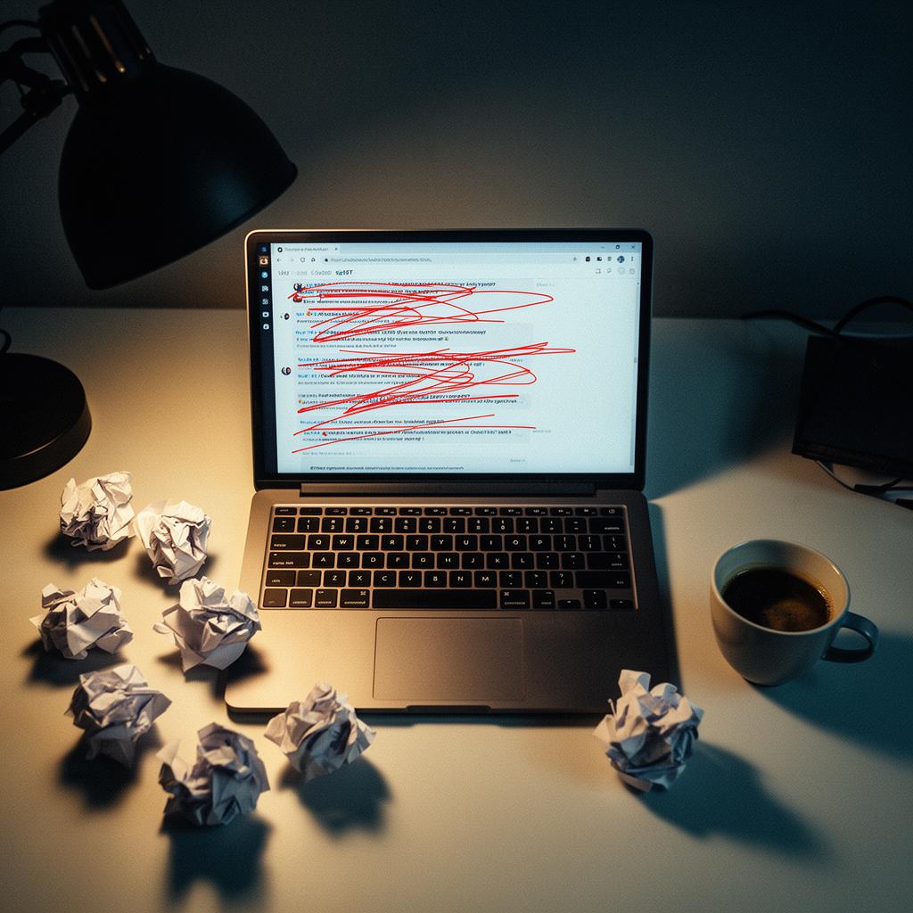 Frustrated workspace: a laptop full of bad AI answers, crumpled notes, cold coffee